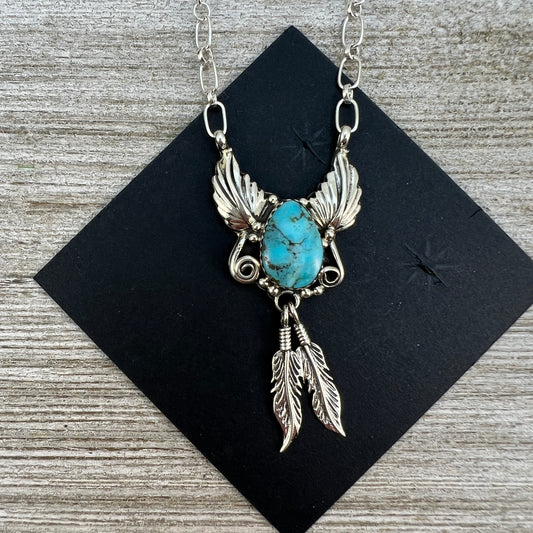 18" Blue Kingman turquoise feather necklace #2, sterling silver, Navajo handmade by Sadie Jim