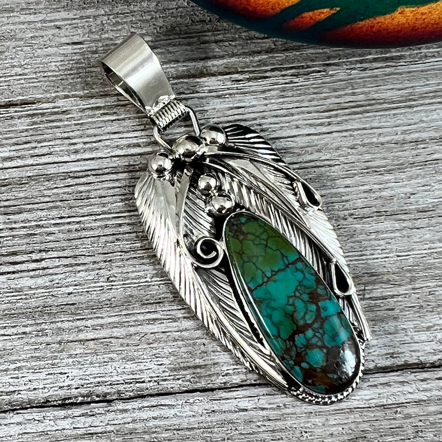Green Kingman spiderweb polychrome turquoise with matrix pendant #5 Navajo handmade Davey Morgan, sterling silver