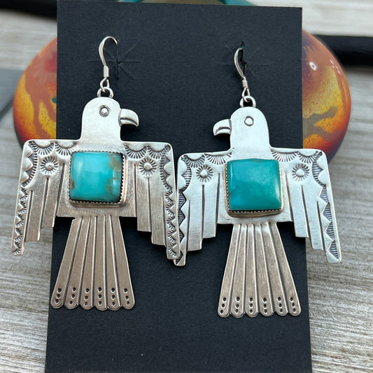 Navajo large Thunderbird dangle earrings sterling silver turquoise Jeremy Delgarito 400