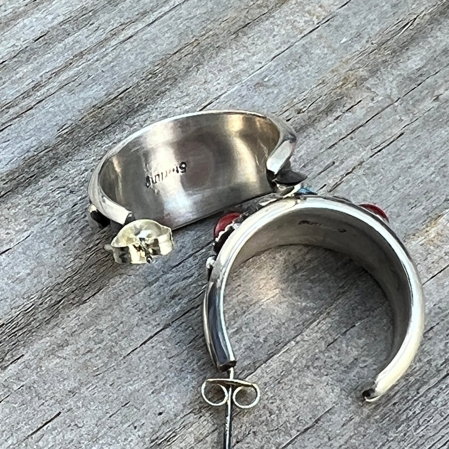 7/8" Turquoise Red Coral Hoop Earrings Navajo handmade by Paul Largo sterling silver 644