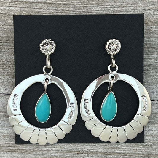 Modern hoop dangle Turquoise earrings sterling silver Navajo handmade Sheena Jack