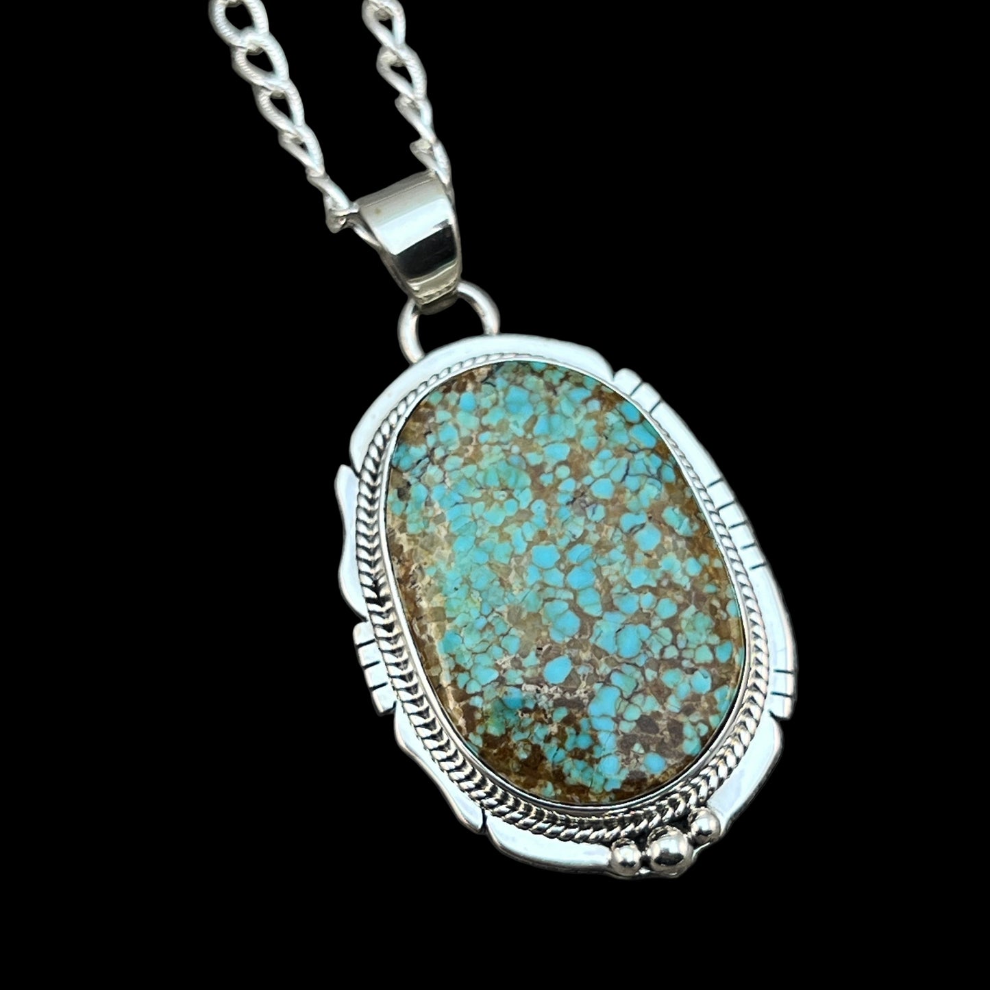 18" Sterling silver #8 Spiderweb turquoise necklace pendant Lucy Valencia Navajo 624