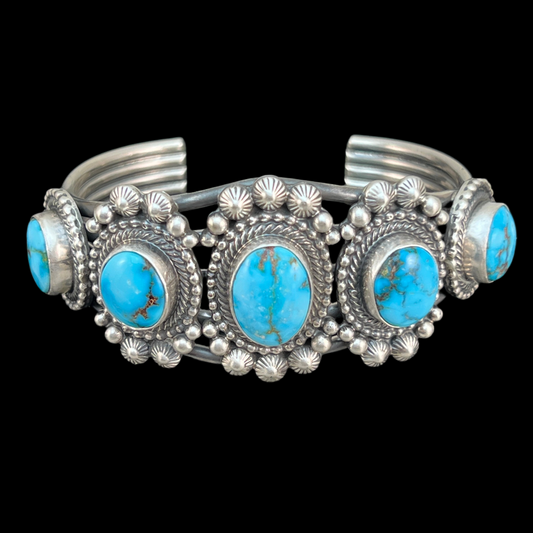 Blue Kingman turquoise cuff bracelet Navajo handmade signed, Tom Lewis sterling silver