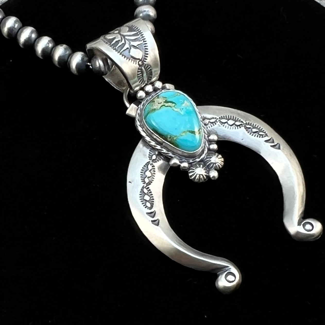 18" Sonoran Gold Turquoise Naja Necklace 6mm Sterling silver beads Samuel Yellowhair 477