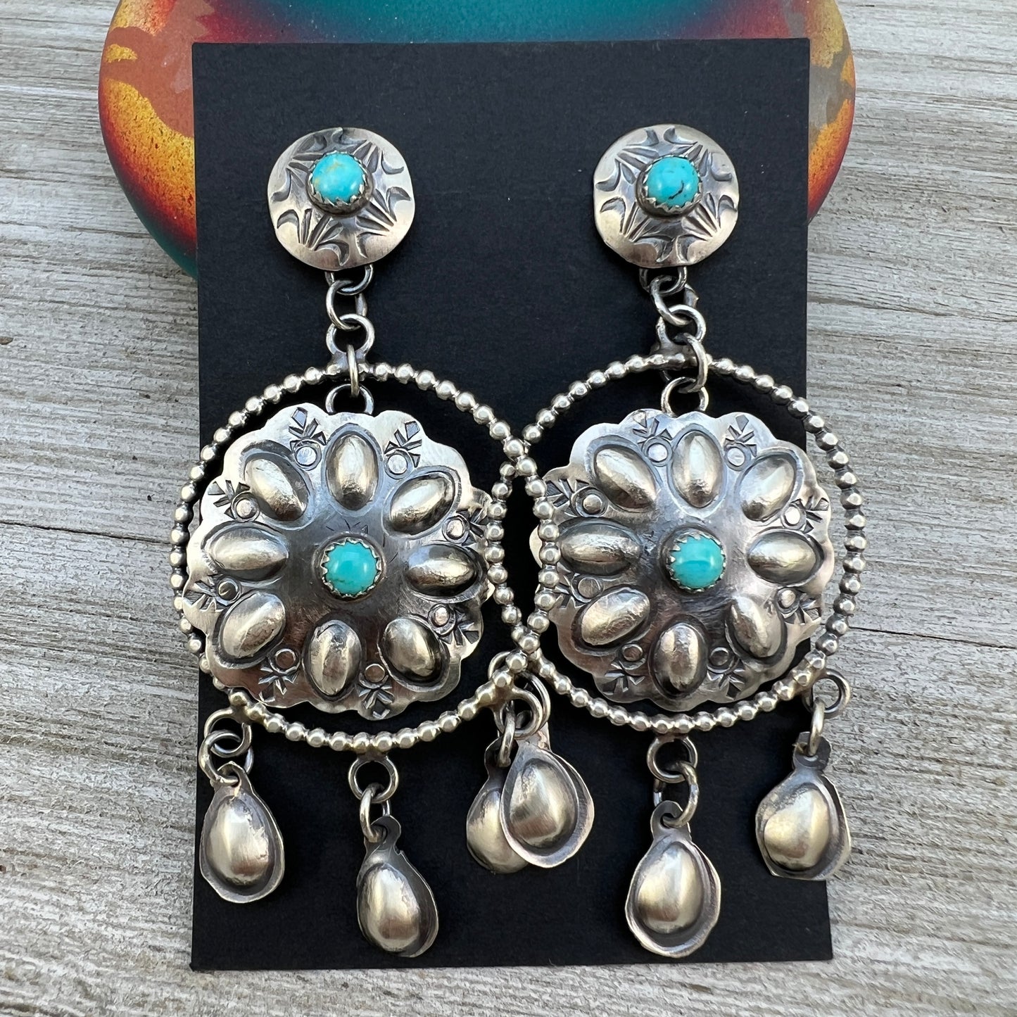 Long Dangle Concho earrings #1, sterling silver turquoise Gabrielle Yazzie signed