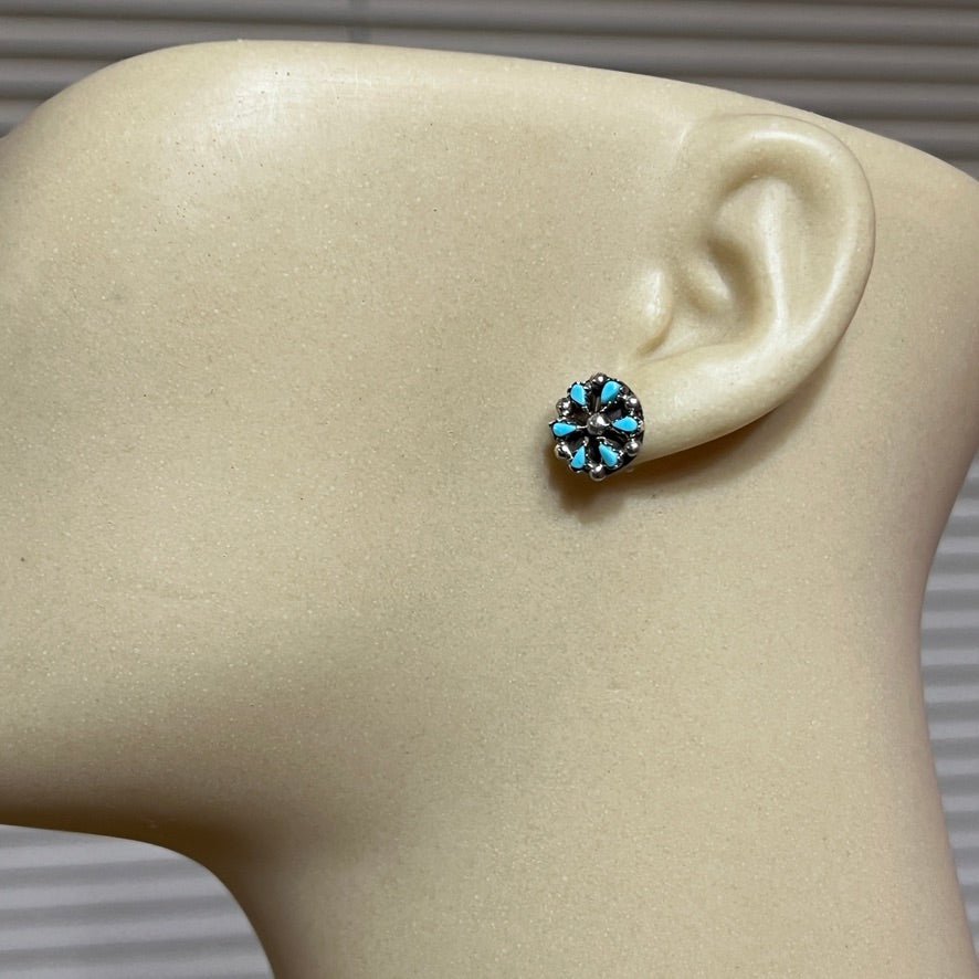 Small 10mm round Zuni Petit Point cluster Turquoise Stud Earrings, Tricia Leekity, sterling silver