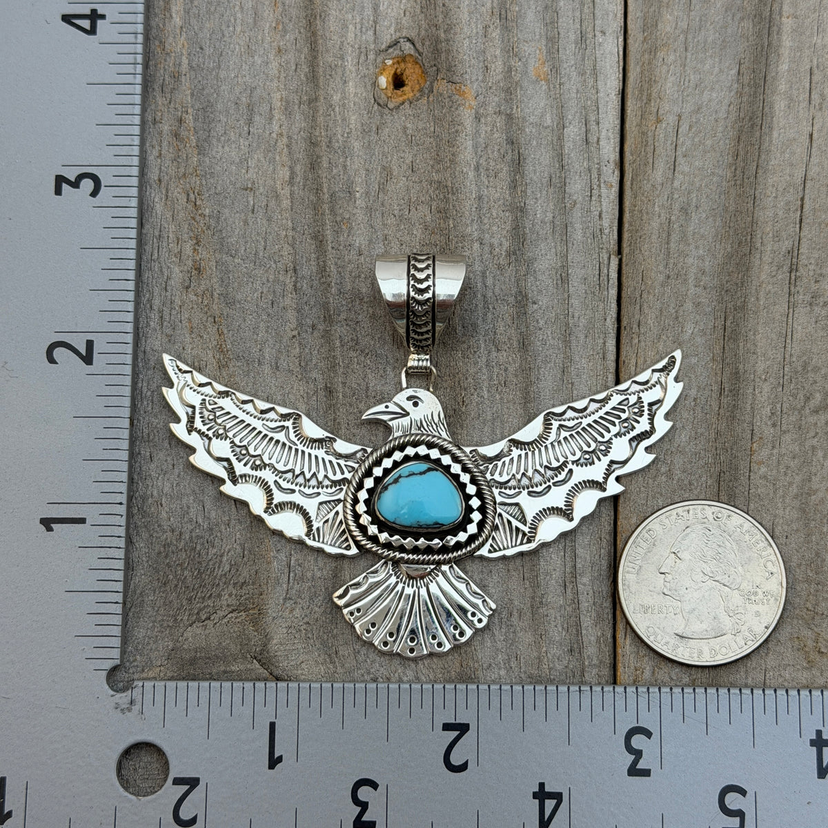 Turquoise Thunderbird Pendant hand stamped Jeremy Delgarito Navajo PD10