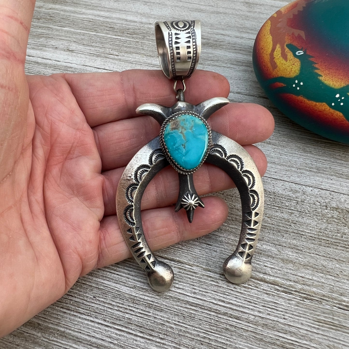 Large Tufa cast sterling silver turquoise naja pendant 1, Martha Cayatineto, Navajo signed