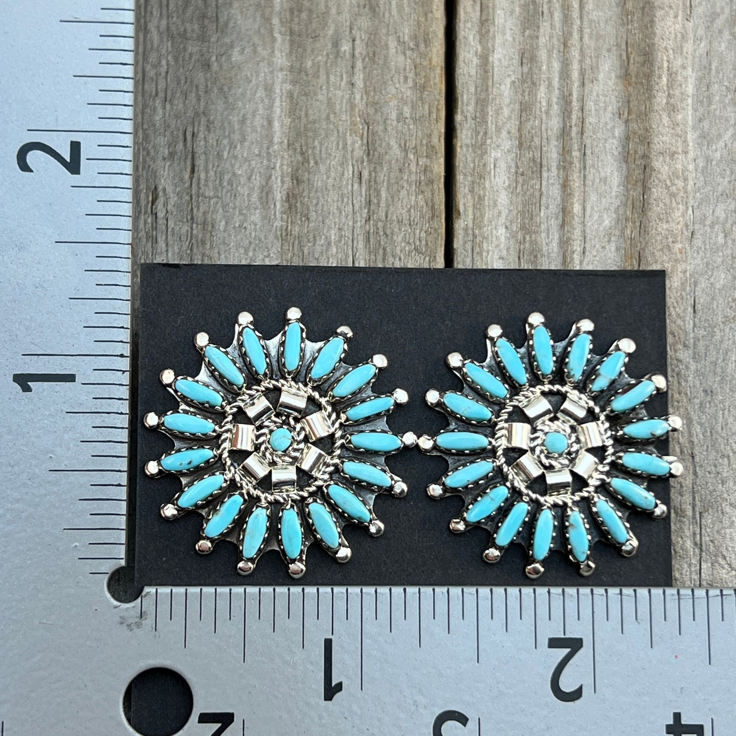 Sterling silver Needlepoint turquoise cluster round earrings signed Nathaniel Nez 683