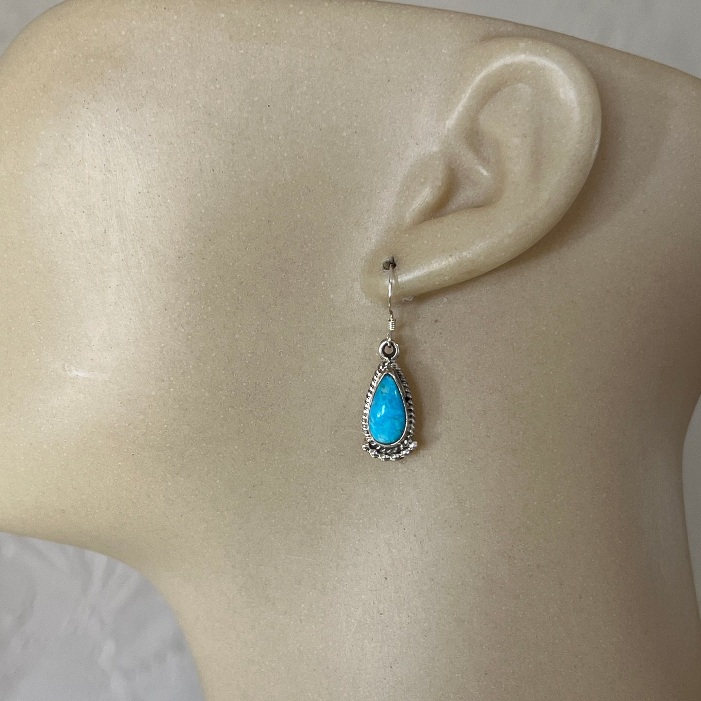 Small Dainty teardrop turquoise dangle earrings #3, sterling silver, Navajo handmade, Sharon McCarthy