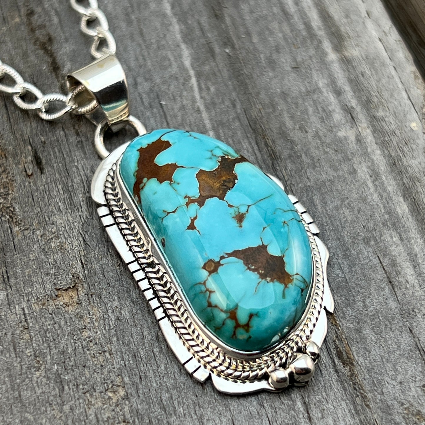 18" Sterling silver #8 Spiderweb turquoise necklace pendant Lucy Valencia Navajo 623