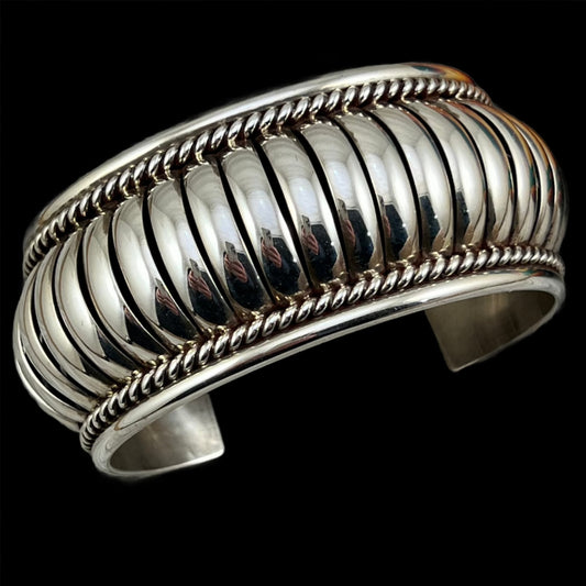 6 1/2" all silver modern ribbed, wide cuff bracelet, sterling silver, stacker, Tom Charley, Navajo handmade signed