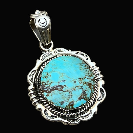 Kingman Turquoise Pendant Sterling silver Navajo handmade Jeremy Delgarito 763