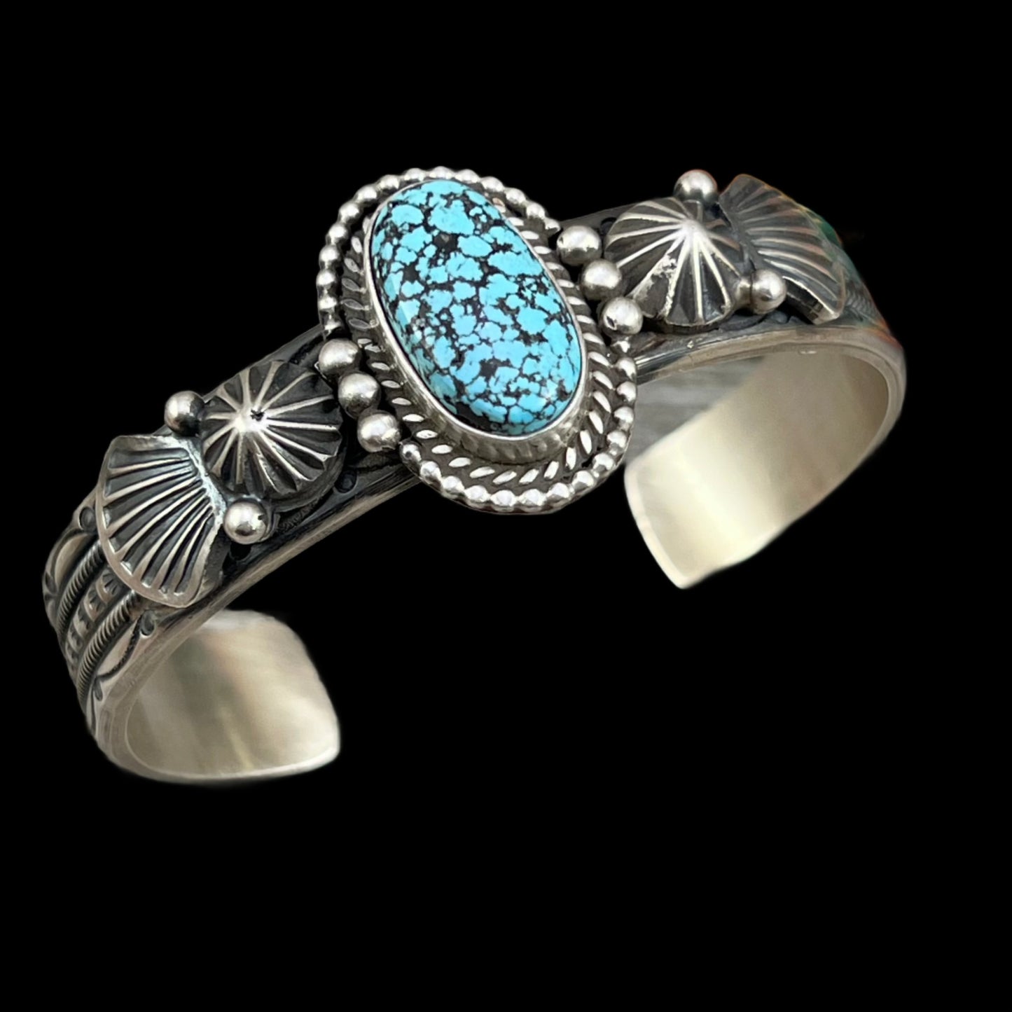 6 5/8" , Kingman spiderweb, Black Web turquoise, Stamped cuff bracelet, Navajo handmade signed, Michael Calladitto sterling silver