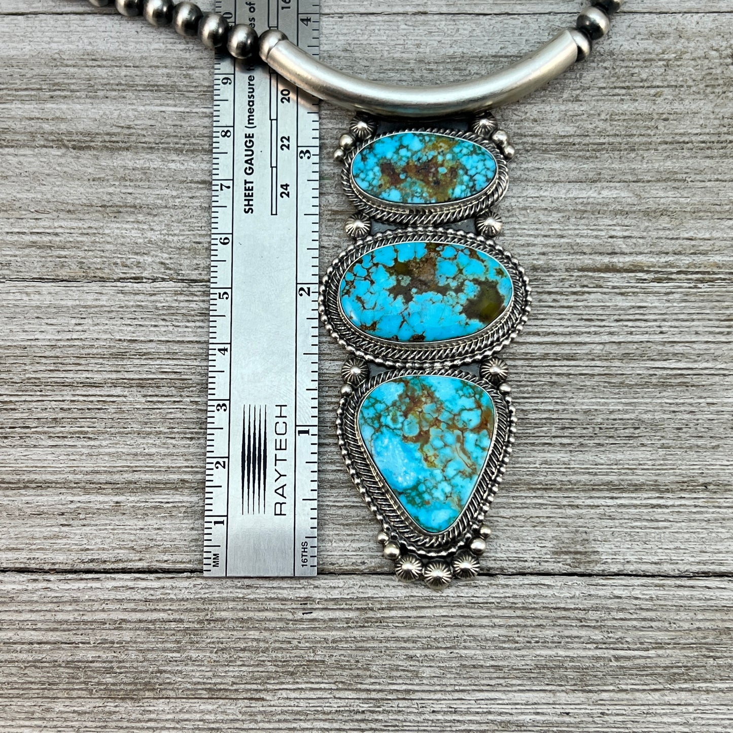 Kingman Turquoise 18" necklace #2, 6mm Sterling silver oxidized beads, Southwest pearls, Navajo, TOM LEWIS