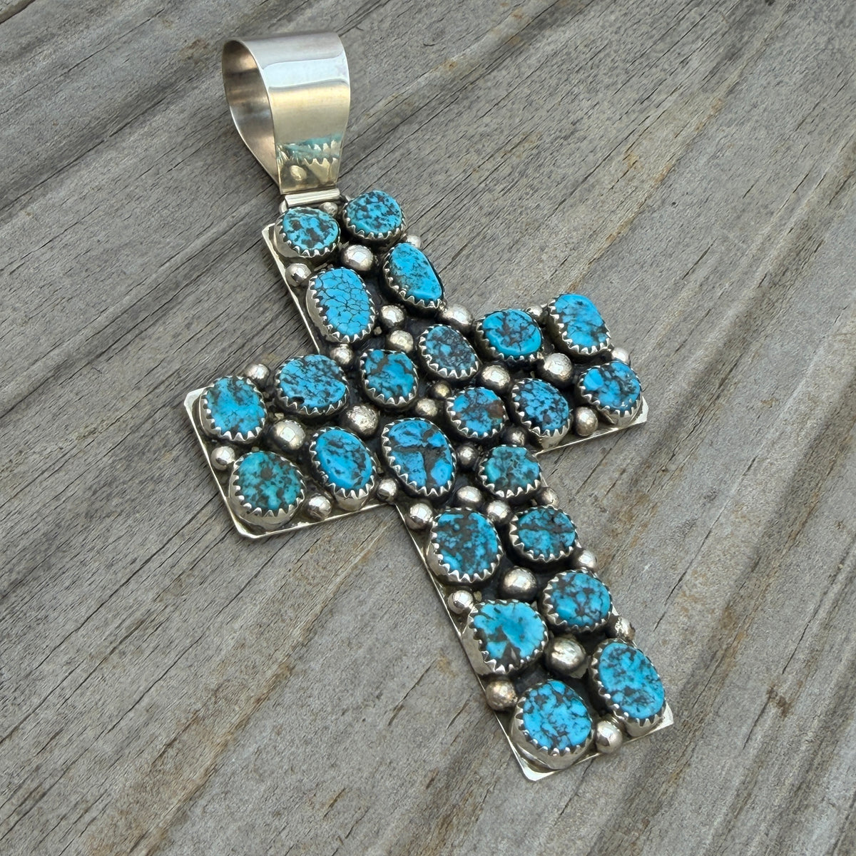 Kingman Turquoise Cross Pendant Melvin Jones Navajo handmade Sterling silver PD1