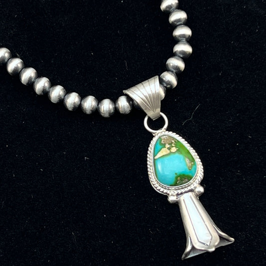 16" sterling silver 5mm bead necklace squash blossom pendant Sonoran Gold Navajo Samuel Yellowhair