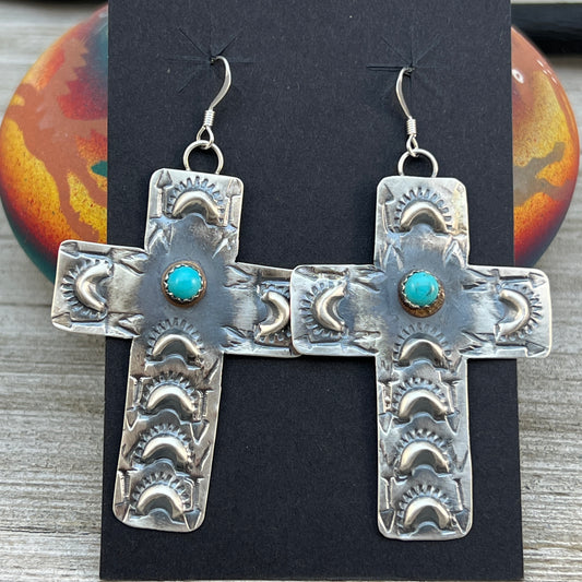Navajo handmade large cross dangle earrings sterling silver turquoise Tim Yazzie 395
