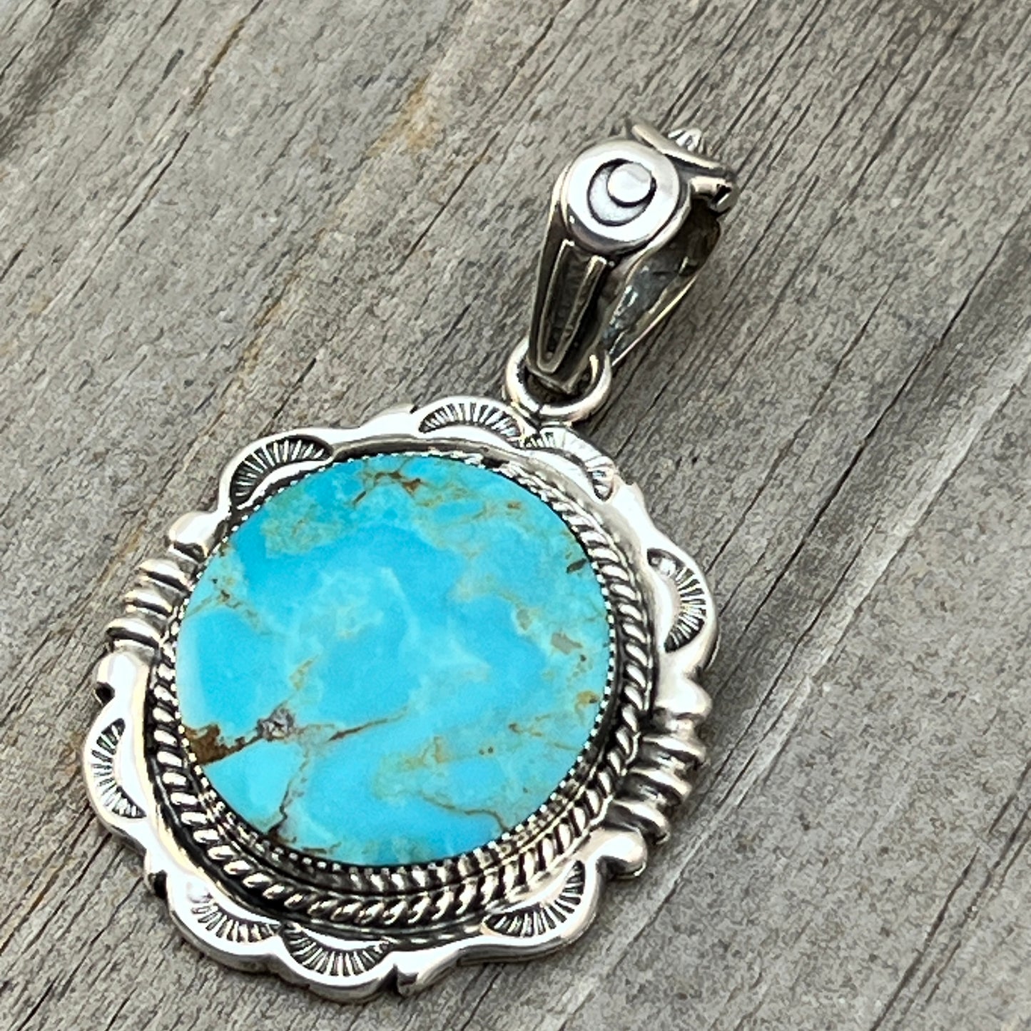 Kingman Turquoise Pendant Sterling silver Navajo handmade Jeremy Delgarito 764