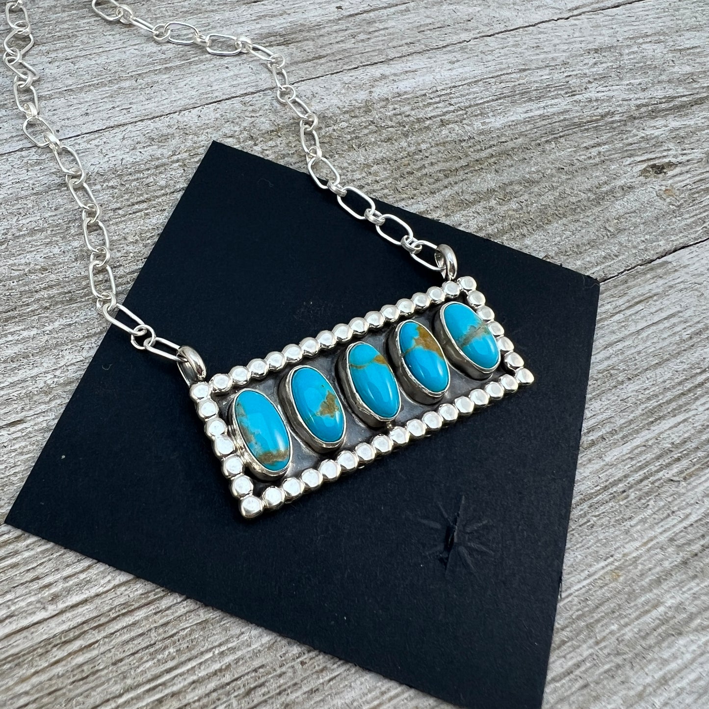 18" Blue Campitos turquoise rectangle bar necklace #2, Navajo handmade, sterling silver