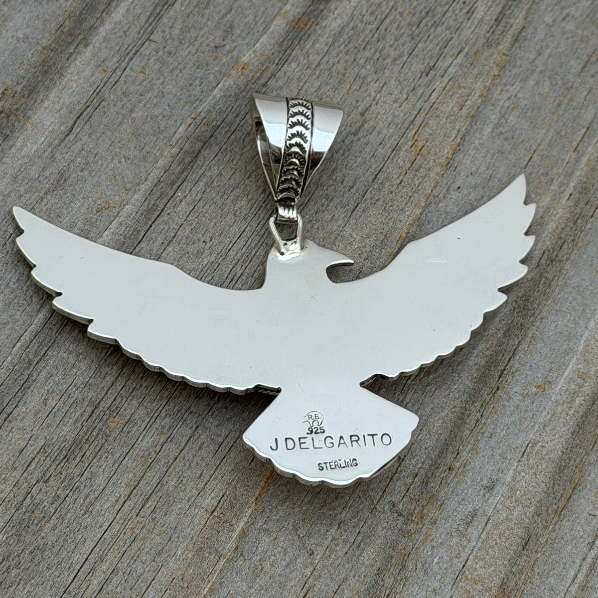 Turquoise Thunderbird Pendant sterling silver Jeremy Delgarito Navajo PD11 hand stamped