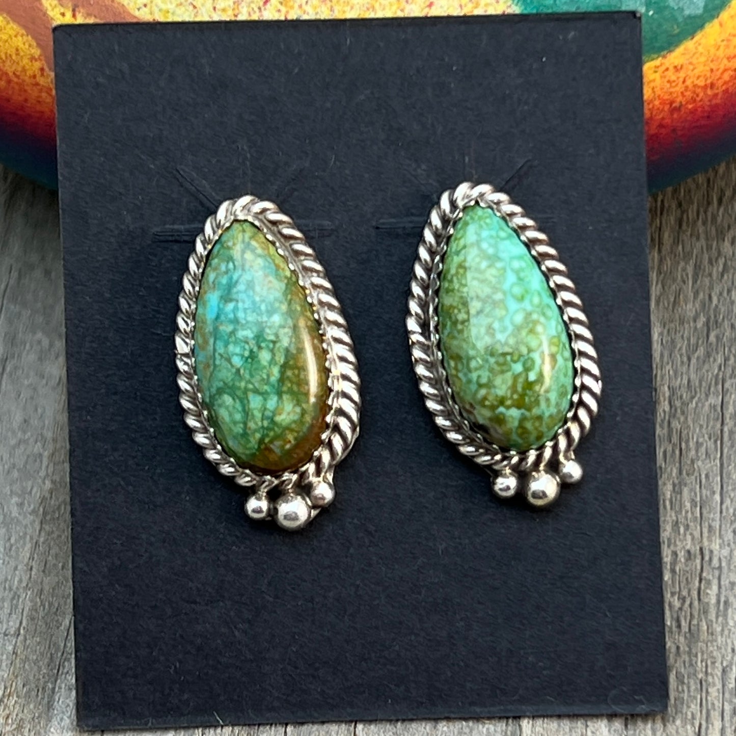 Green Kingman Turquoise Teardrop stud earrings sterling silver Theresa Smith Navajo 720