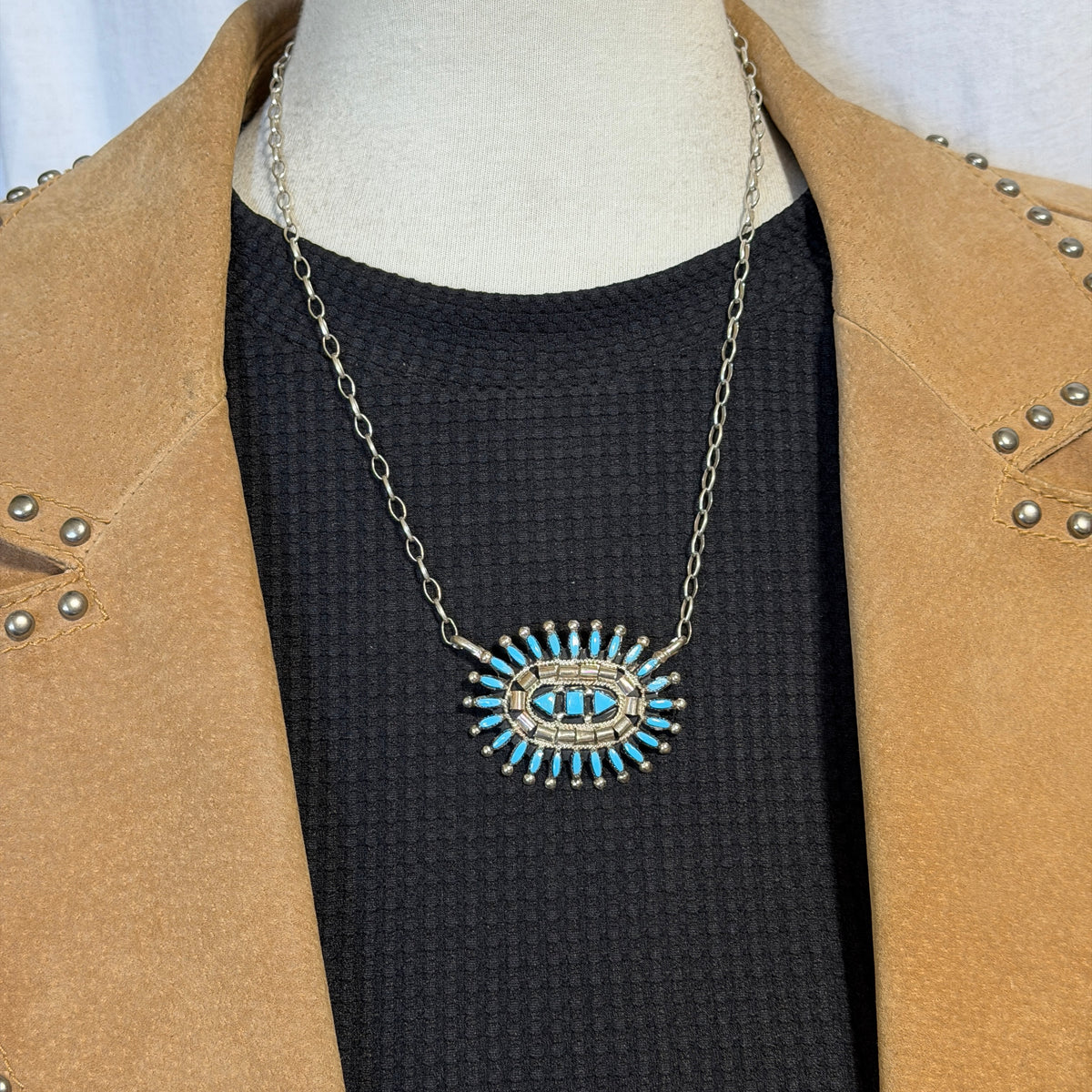 Turquoise Needlepoint cluster medallion necklace Evonne Hustito Zuni Sterling Silver
