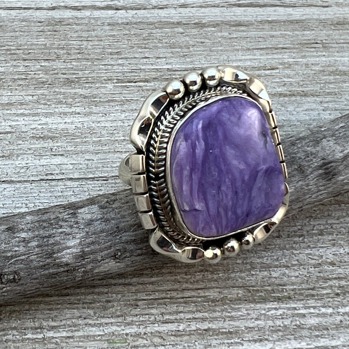 Size 8 Charoite sterling silver handmade ring #1, Navajo Samuel Yellowhair