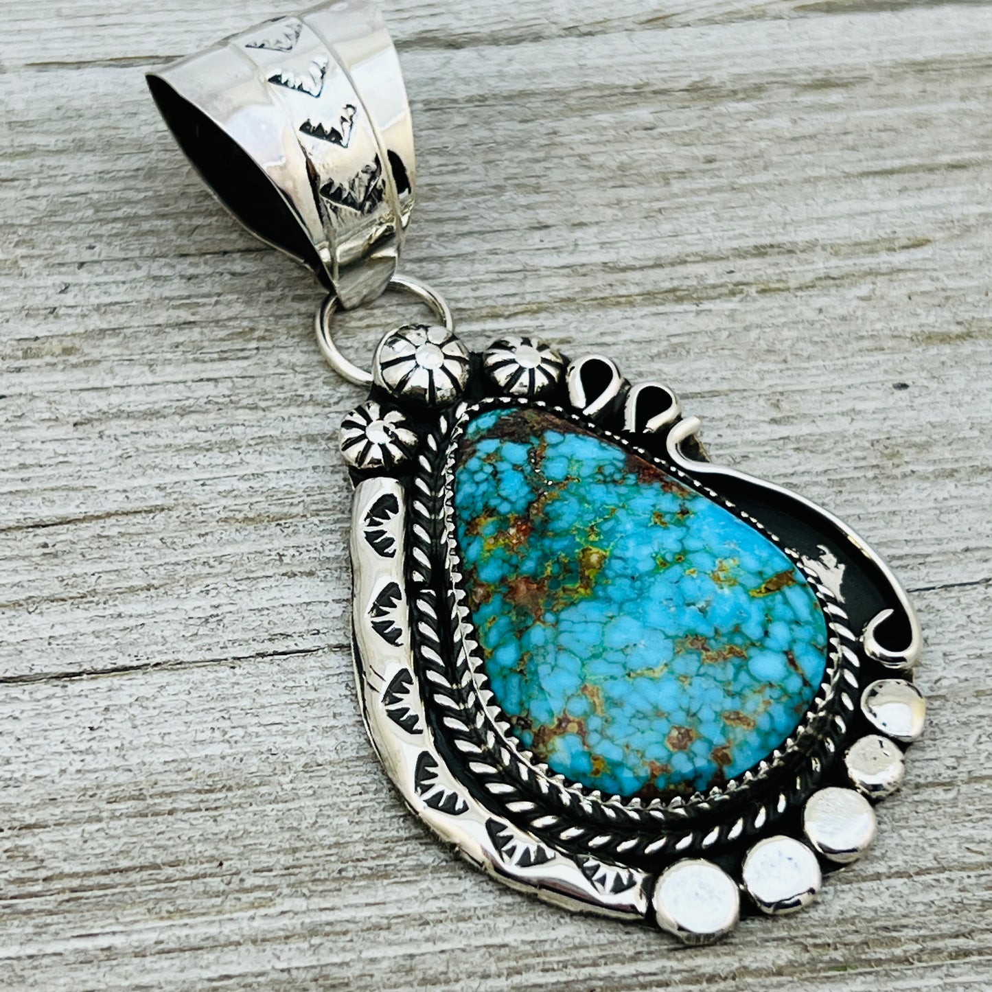 Blue Kingman Spiderweb Turquoise Pendant Navajo Sterling silver Phil Nez 858