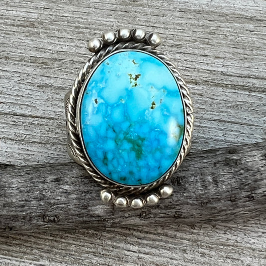 Size 10 Blue Kingman Round Turquoise Ring Sterling Silver Adrienne Gordon Navajo