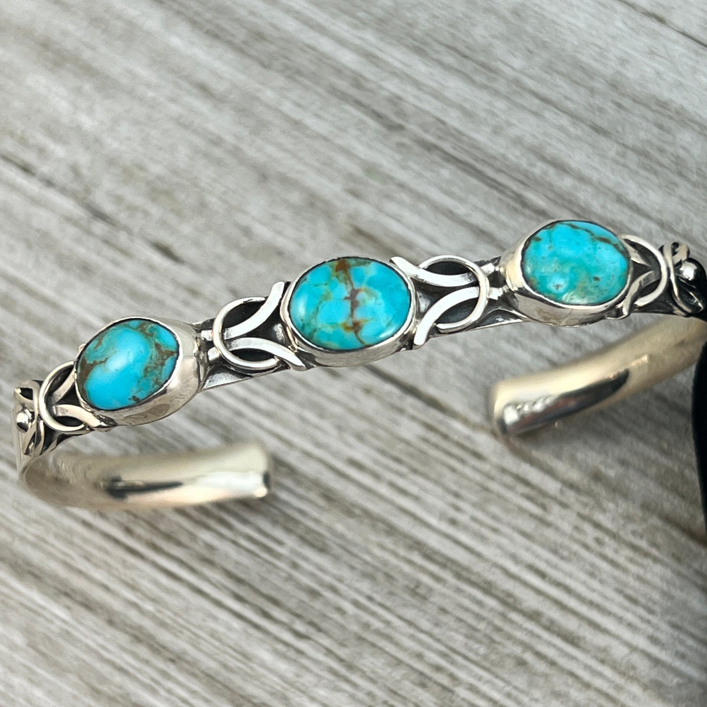 6 1/2" - 7" Kingman Turquoise narrow stacker cuff bracelet #7, Navajo handmade Thomas Yazzie, sterling silver artist signed