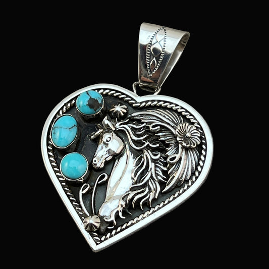 Blue Kingman turquoise horse heart pendant sterling silver Jennifer Cayaditto Navajo 816