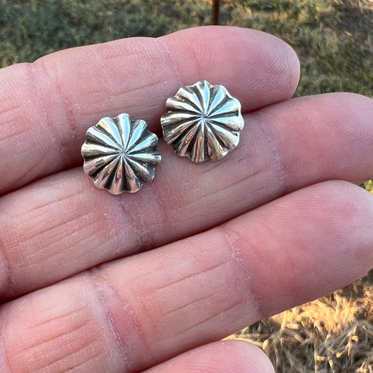Lightweight small Corrugated hand stamped concho earrings Sterling silver Sally Shurley