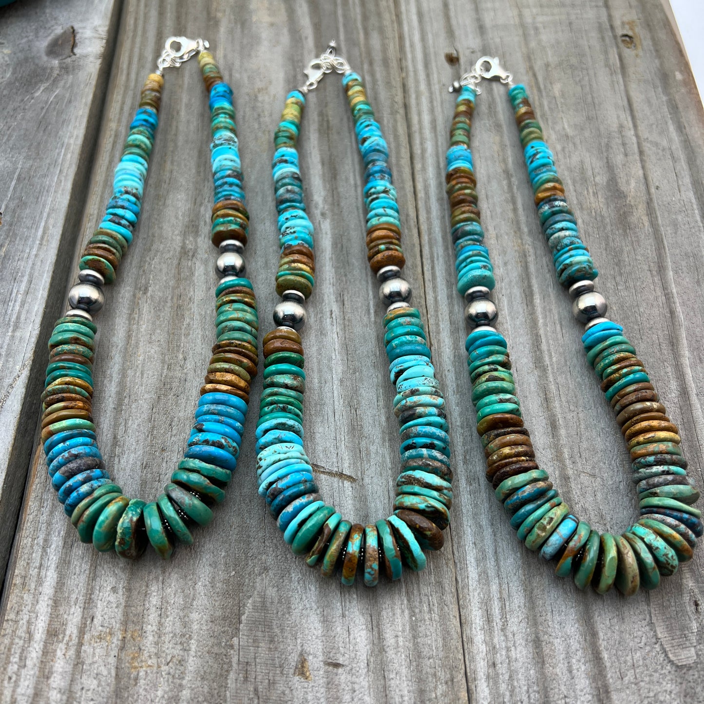 19 1/2" Turquoise Disc Necklace Choker Sterling Silver Beads, boho choker 640