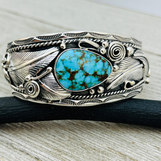 6 1/4" Kingman Turquoise floral cuff bracelet sterling silver Darrell Morgan BR4