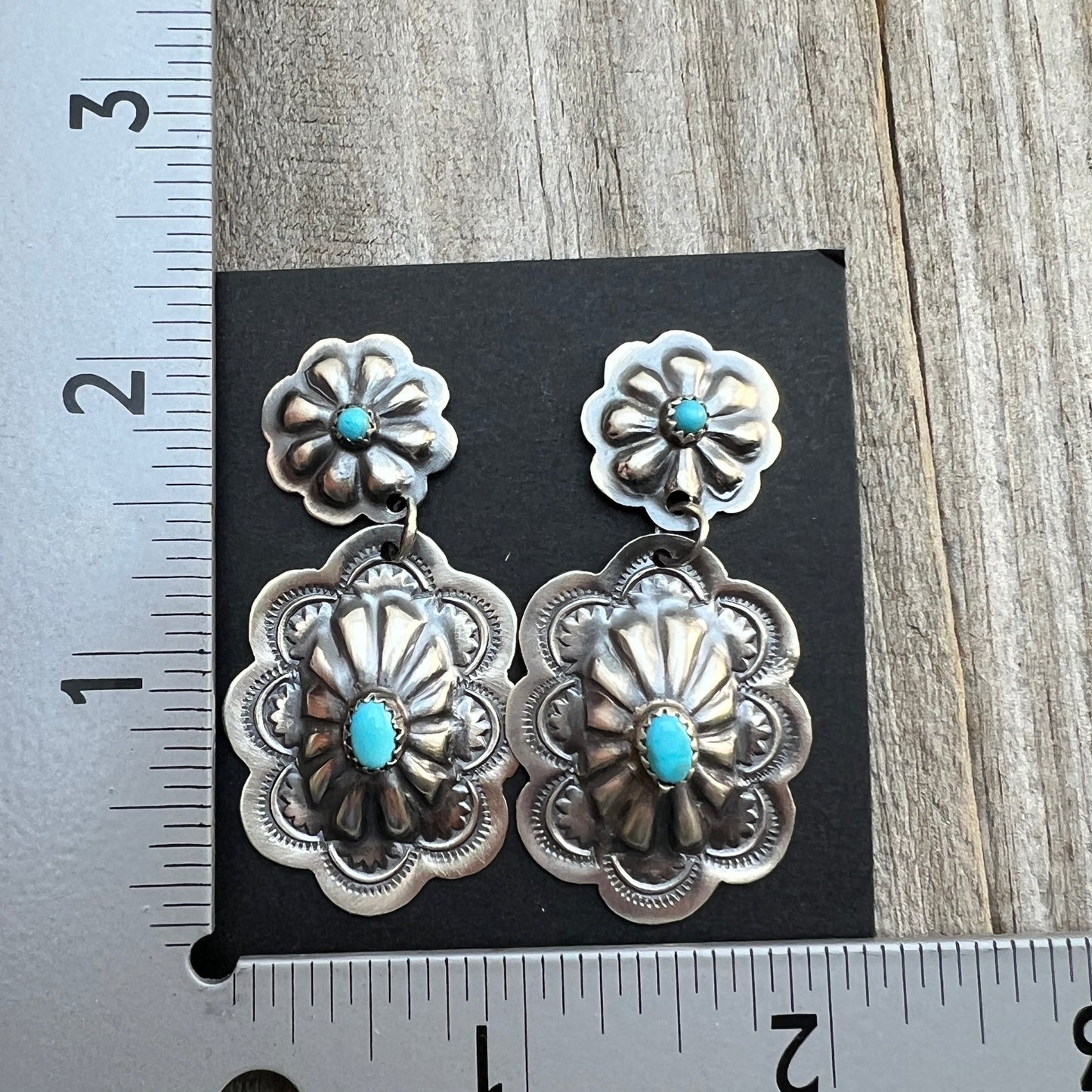 Turquoise stamped concho dangle earrings sterling silver Lavina Benally Navajo 715