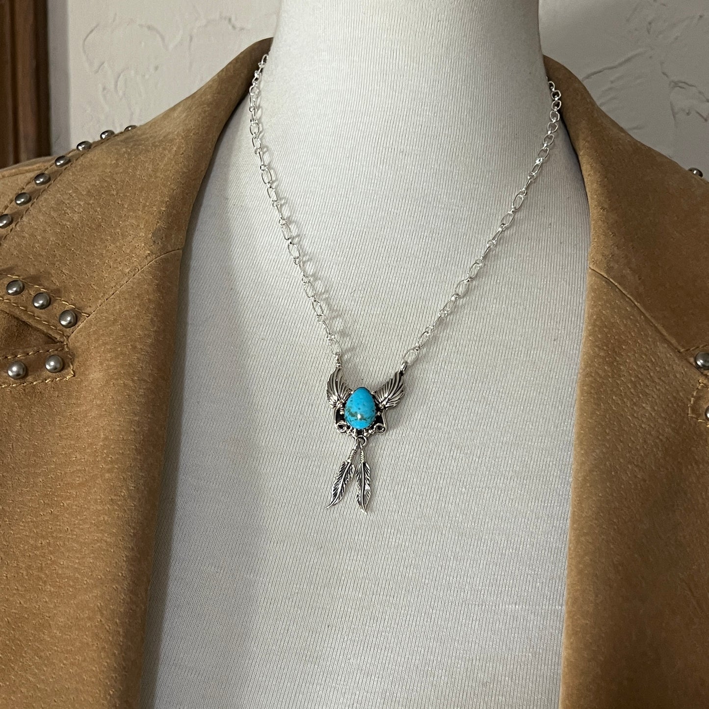 18" Blue Kingman turquoise feather necklace #1, sterling silver, Navajo handmade by Sadie Jim