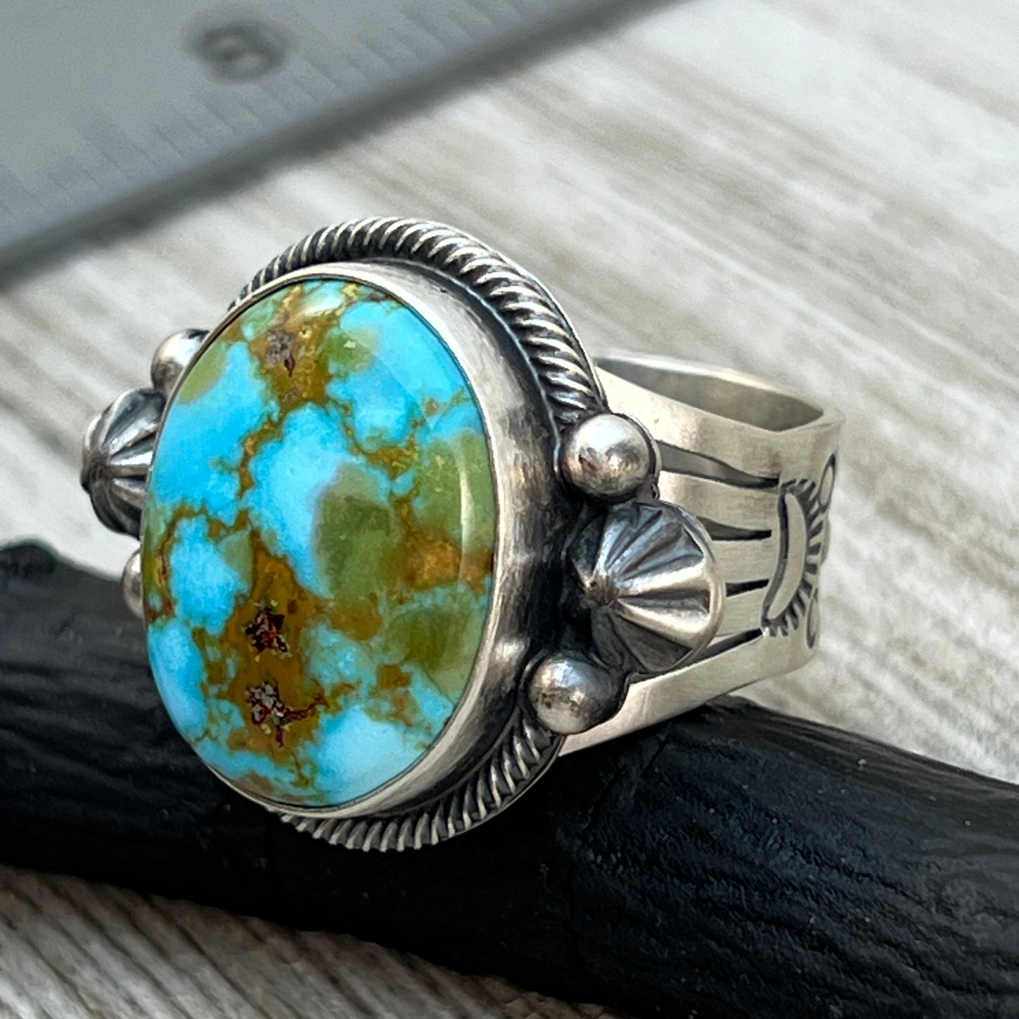 Size 9.5 High Grade Natural Kingman Polychrome Turquoise ring Navajo Daniel Benally