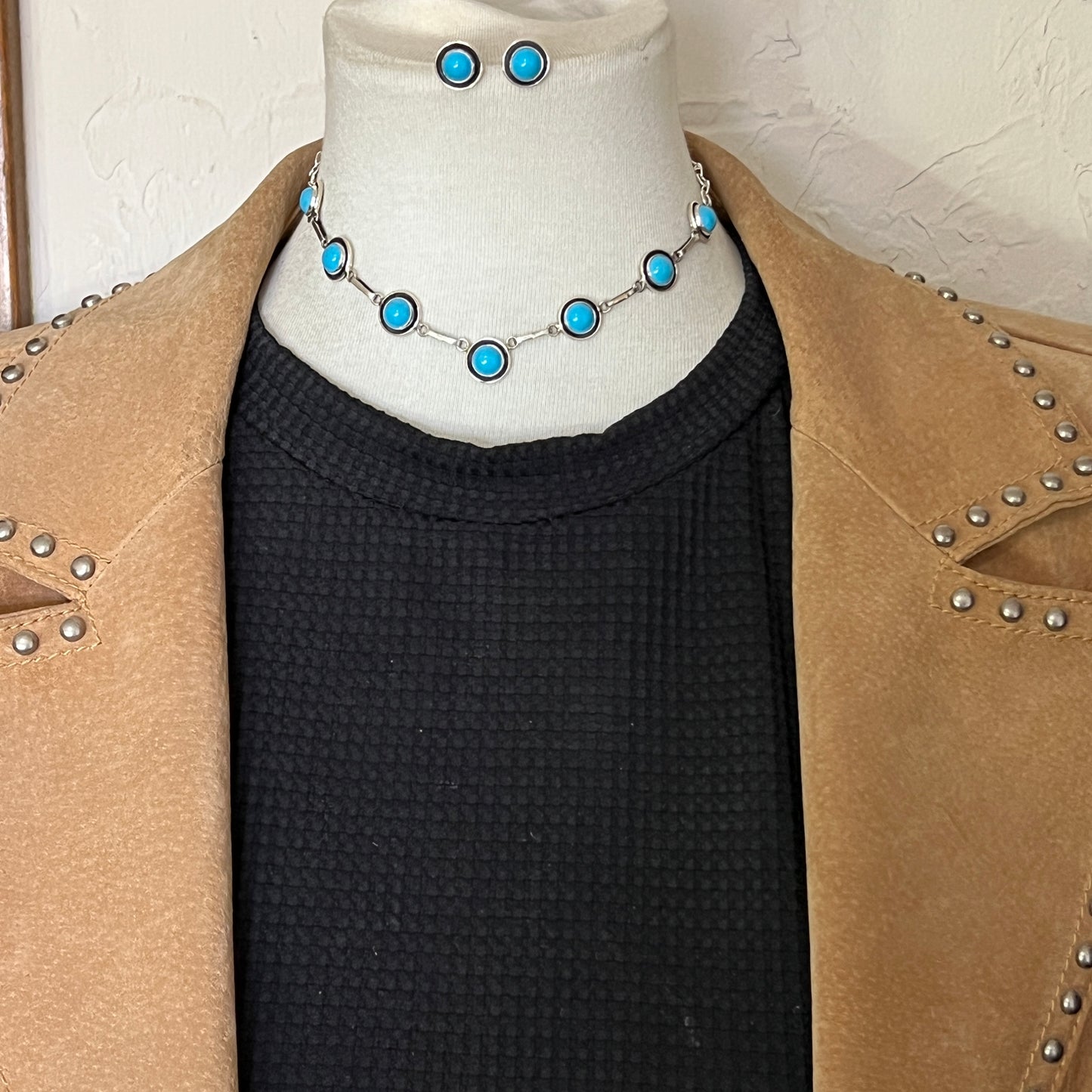 Blue Campitos turquoise Choker Earrings set Sterling Silver Navajo Martin Perry 655