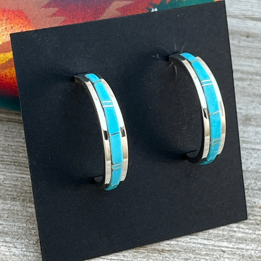 1 1/8" Turquoise inlay Hoop Earrings, Navajo handmade by Wilbert Muskett, signed, sterling silver