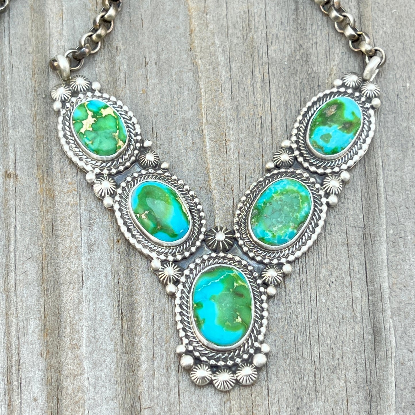 18" Polychrome Sonoran Turquoise Heavy Necklace Sterling Silver Tom Lewis Navajo 840