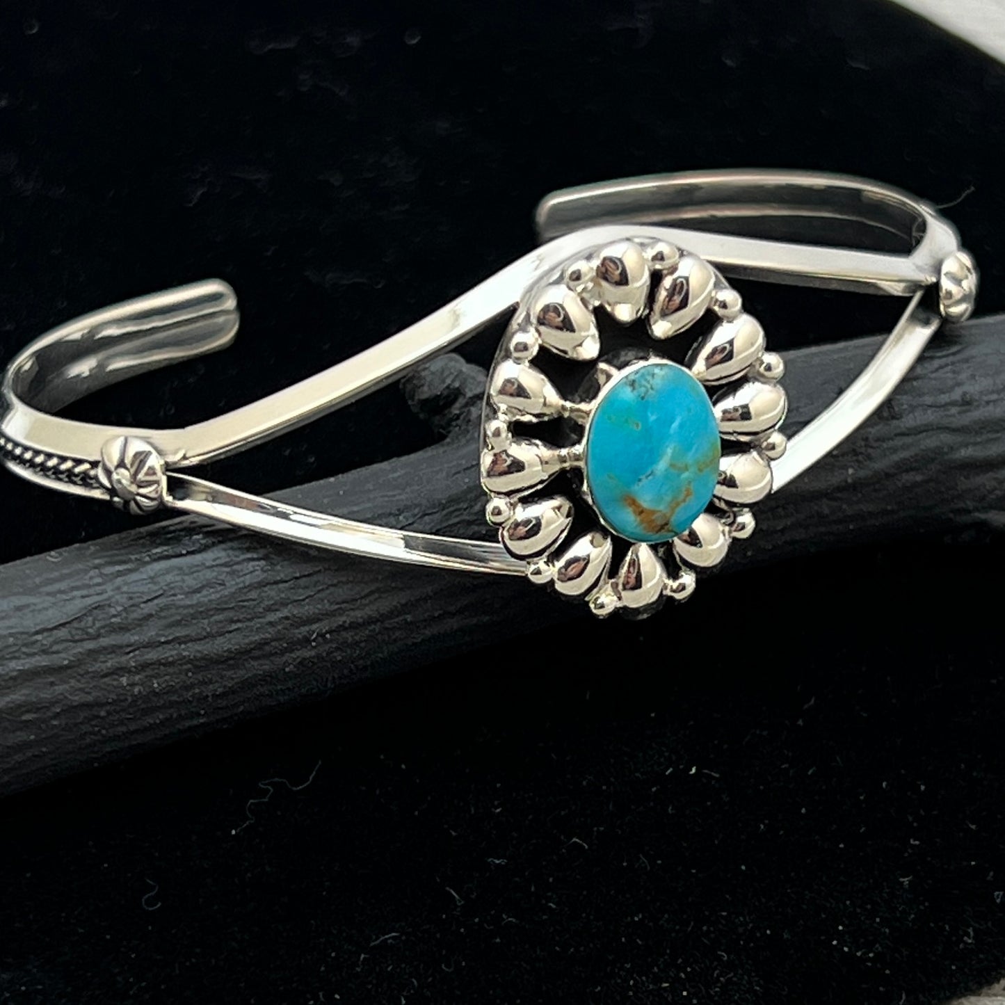 6 1/2" Stamped Navajo sterling silver turquoise cuff bracelet BR63