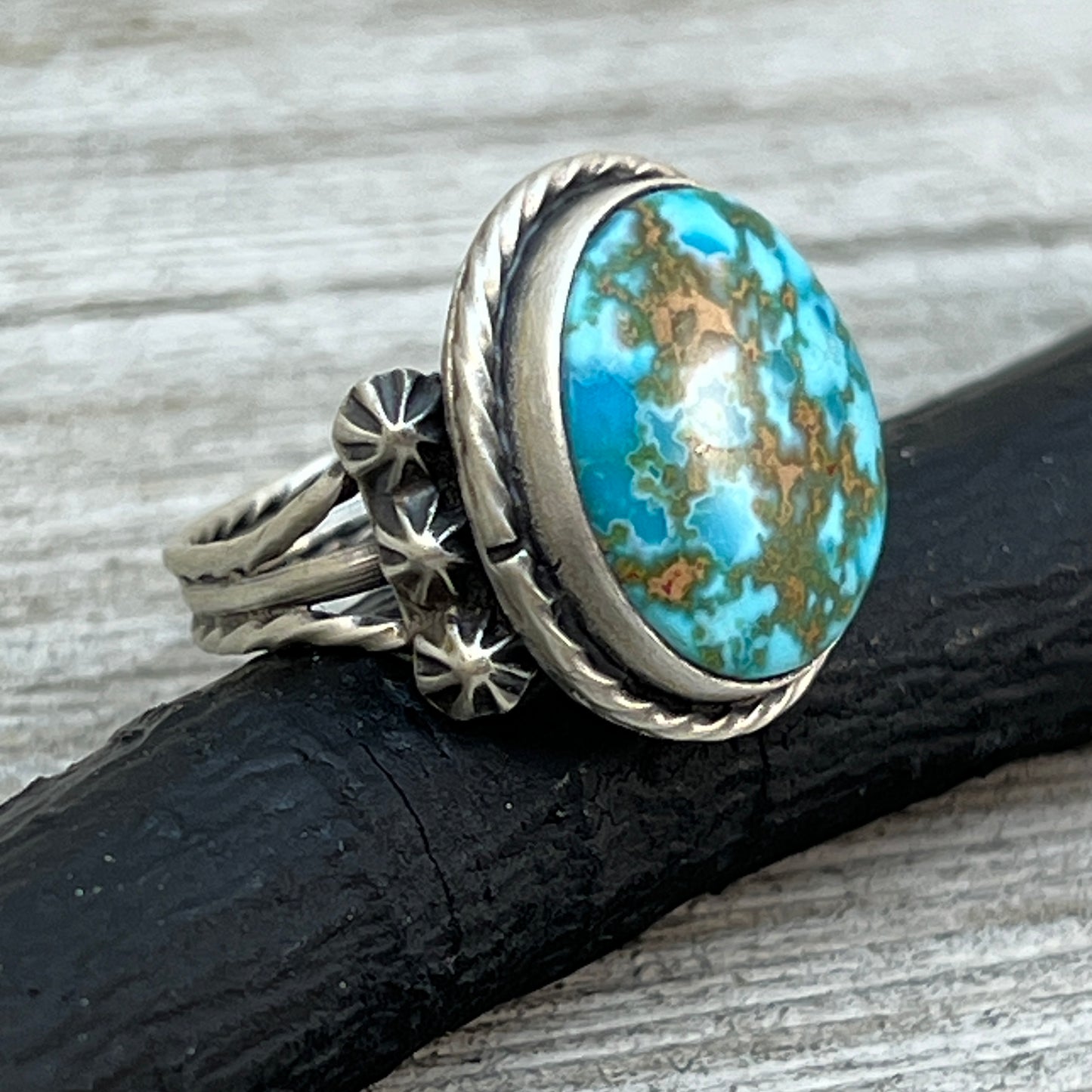 Size 7.5 Blue Kingman Turquoise Sterling Silver Ring Samuel Yellowhair Navajo