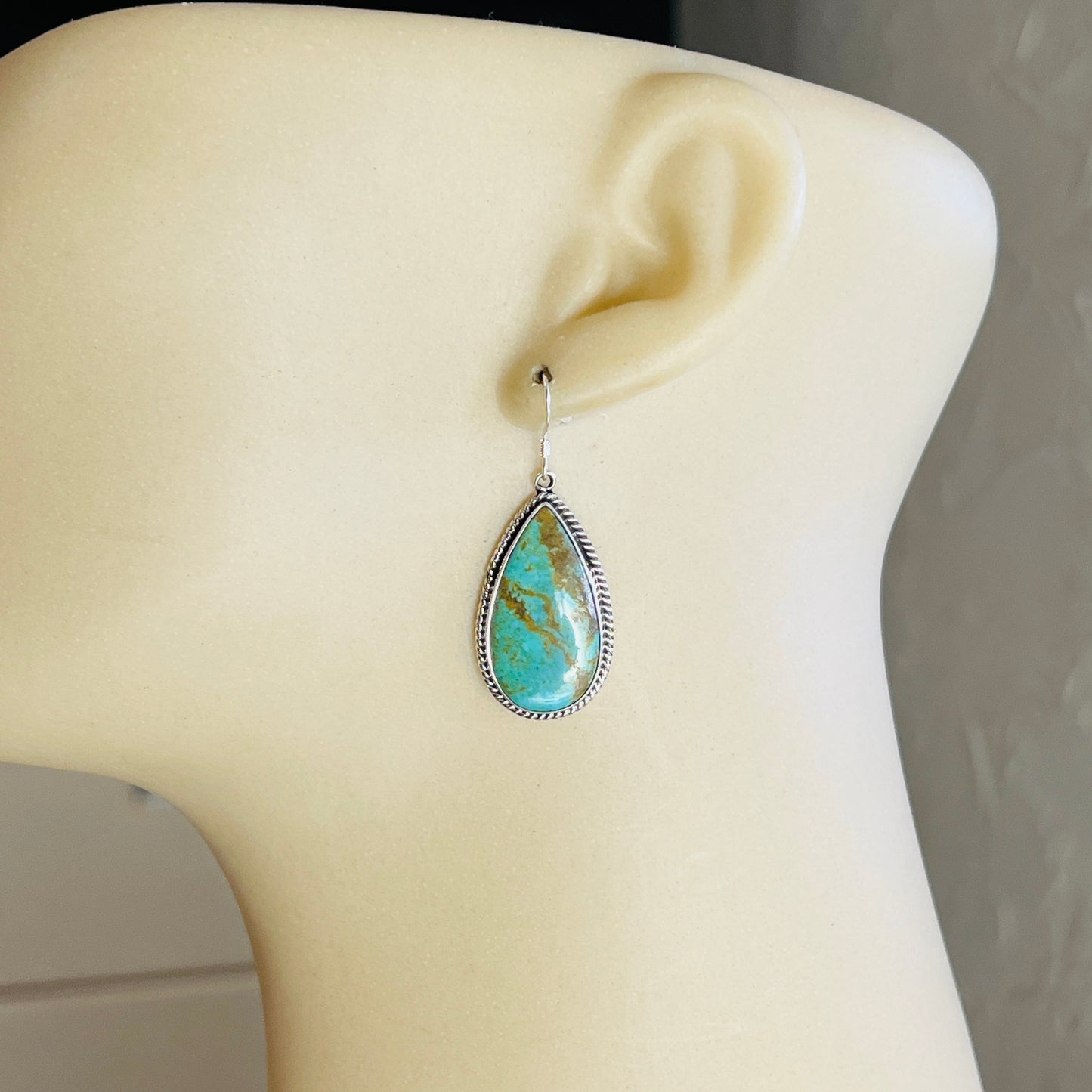 Blue turquoise teardrop earrings sterling silver Sharon McCarthy Navajo ER56