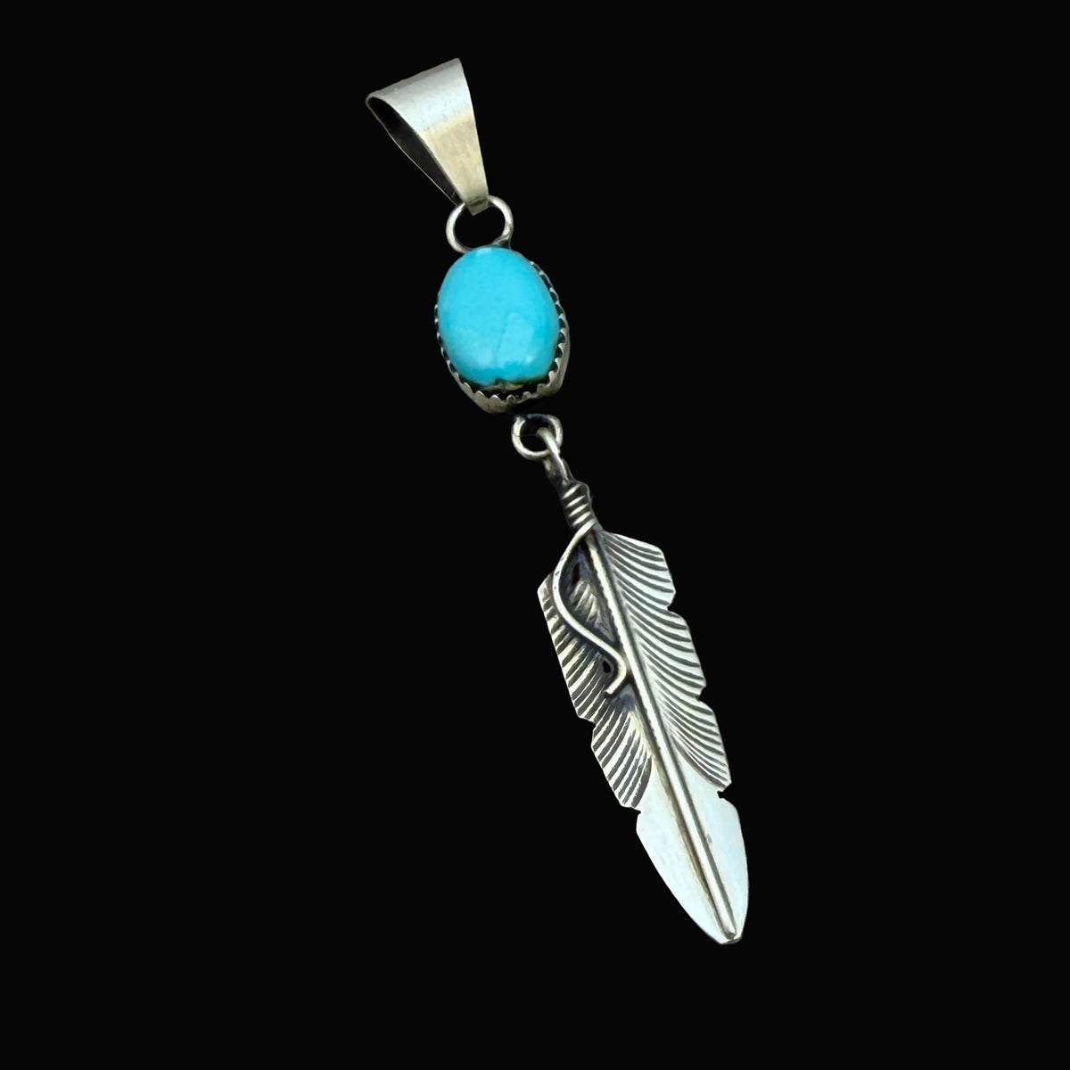Blue Sonoran Turquoise sterling silver Feather Pendant Chris Charley Navajo PD1