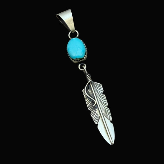 Blue Sonoran Turquoise sterling silver Feather Pendant Chris Charley Navajo PD1