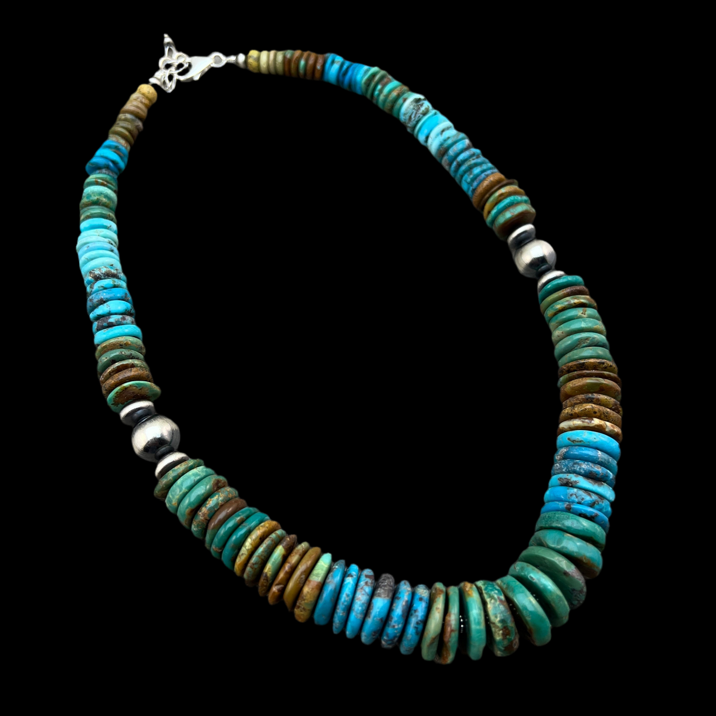 RTS 19 1/2" Turquoise Disc Necklace Choker Sterling Silver Beads, boho choker 640