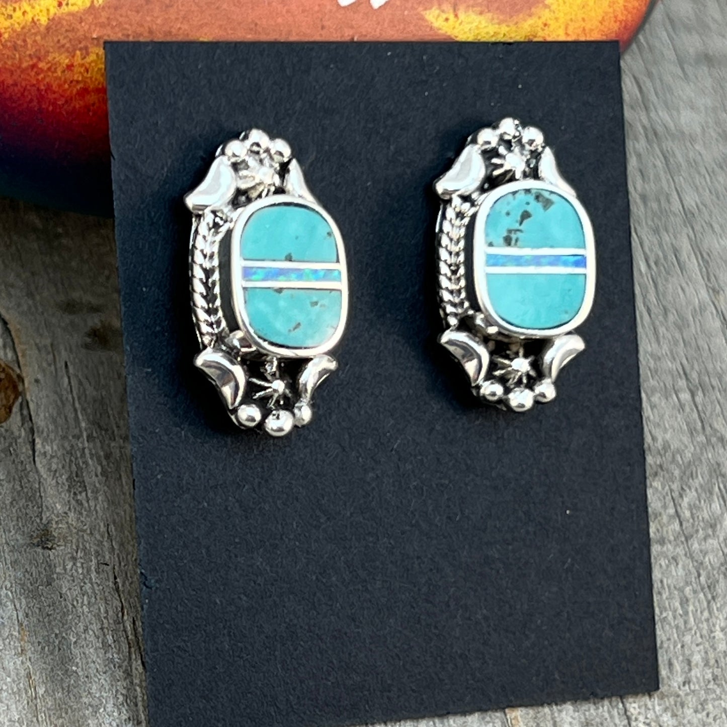 Modern Turquoise Opal inlay Stud Earrings Sterling Silver James Manygoats Navajo 669