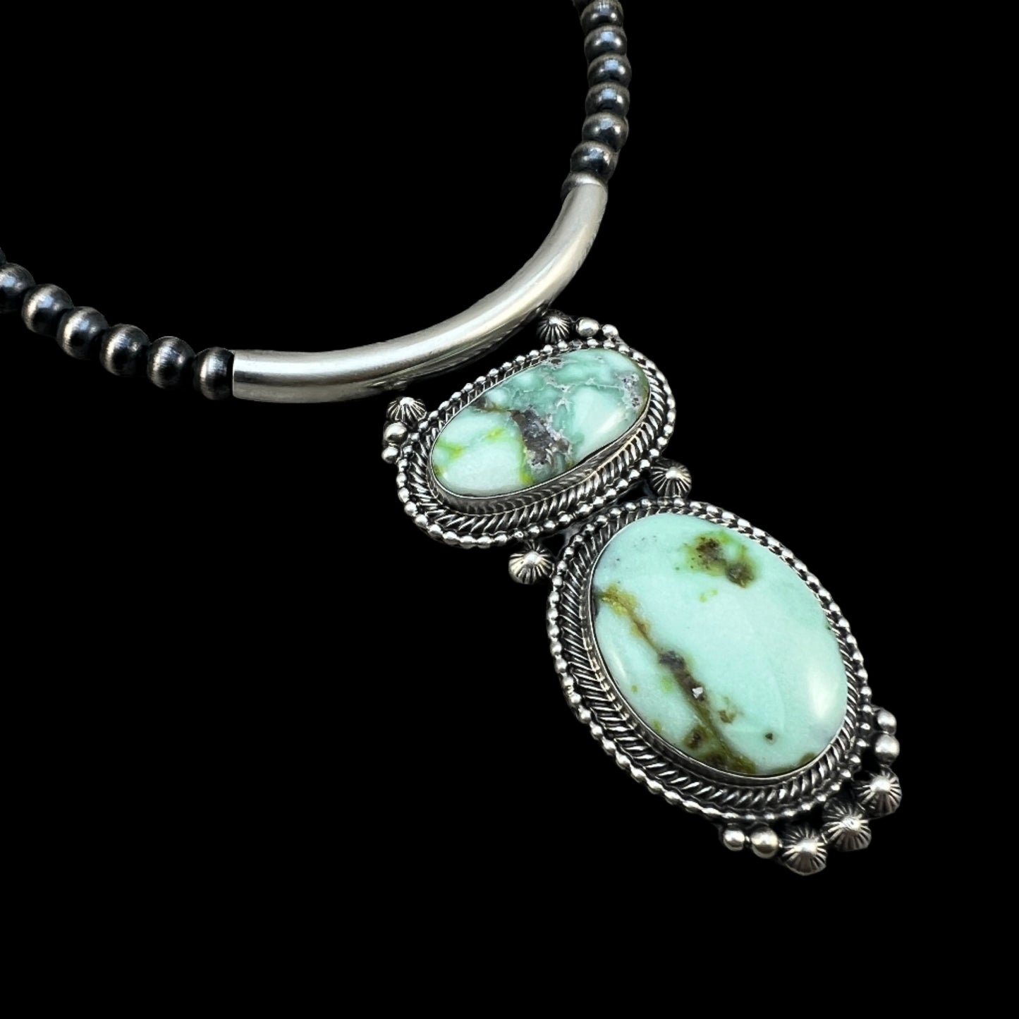 Palomino Variscite 18" necklace #4, 6mm Sterling silver oxidized beads, Southwest pearls, Navajo, TOM LEWIS