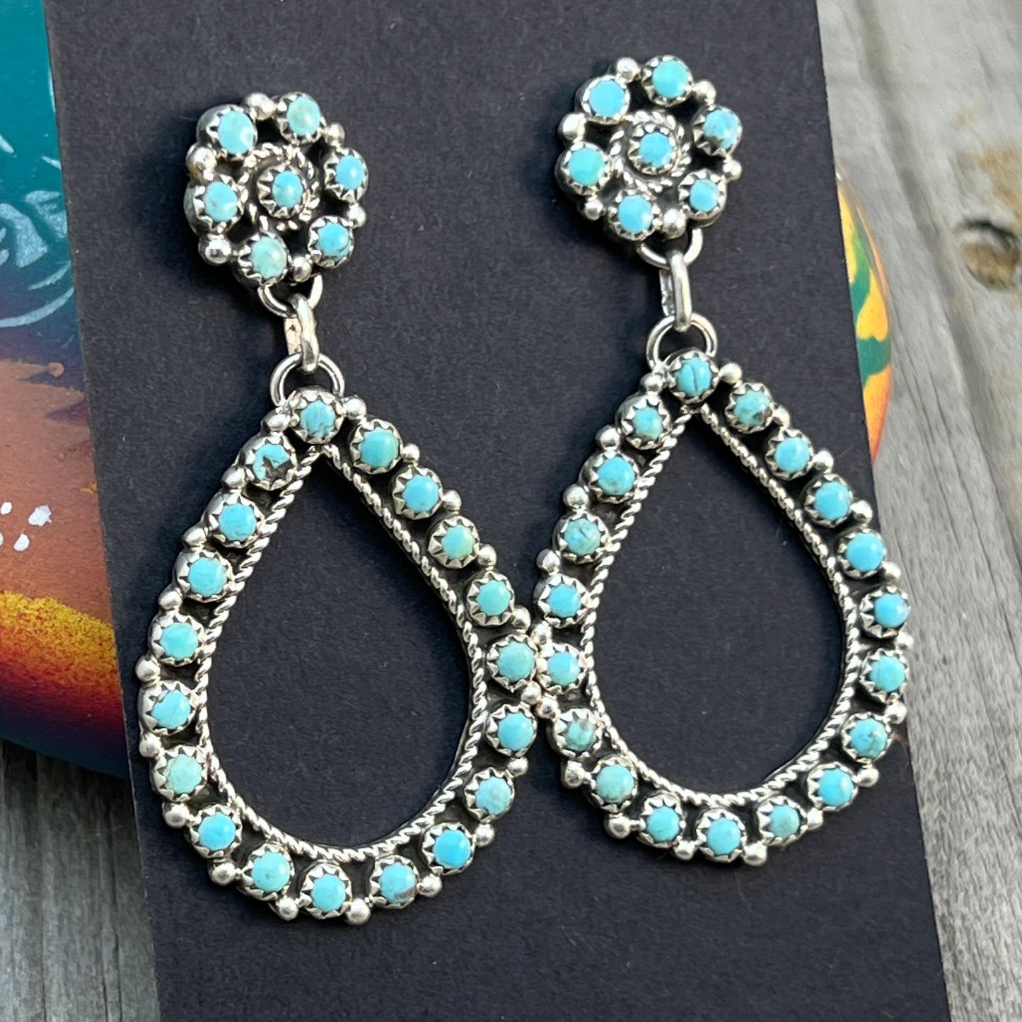 Blue Turquoise snake eye dot earrings sterling silver Falencia Yazzie Navajo handmade 709